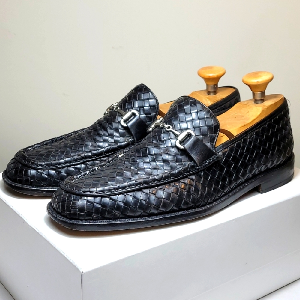 Brass Boot black woven leather horsebit loafers size 12M made in Spain